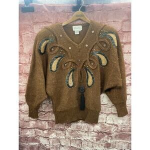 Vintage CHRISTINE Sweater Brown Knit Sz Small Synthetic Leather